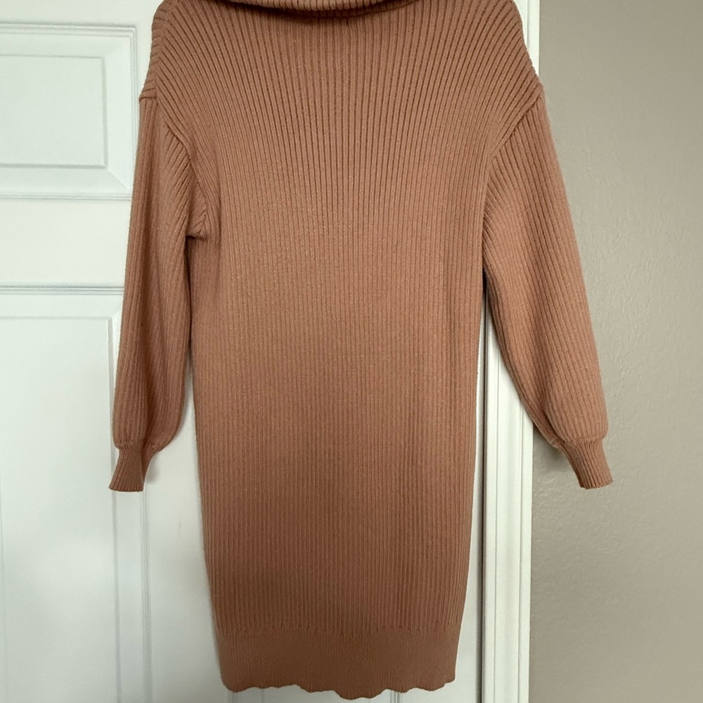 Tan Long Sleeve Ribbed Dress - Picture 2 of 4